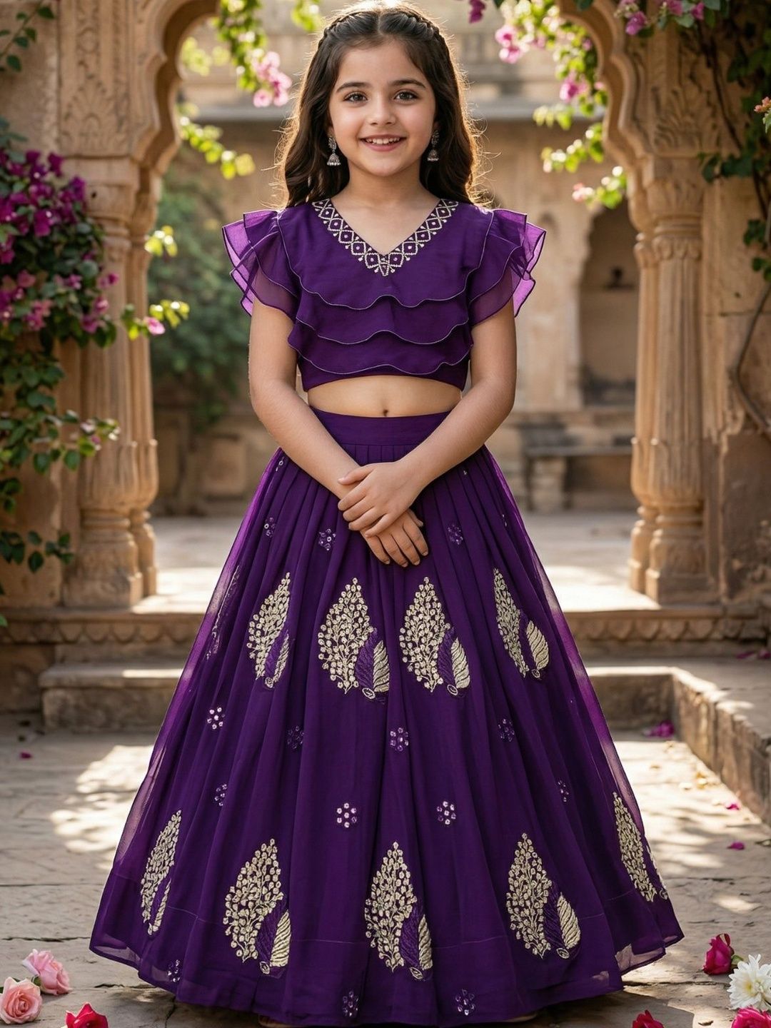 KALINI Girls Embellished Thread Work Ready to Wear Lehenga &