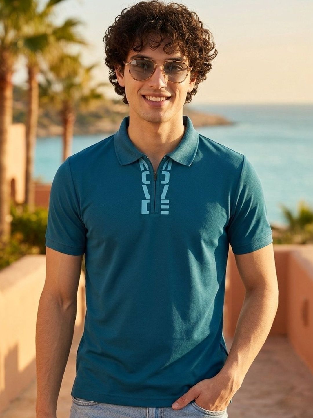 HERE&NOW Men Typography Printed Polo Collar Antimicrobial T-shirt