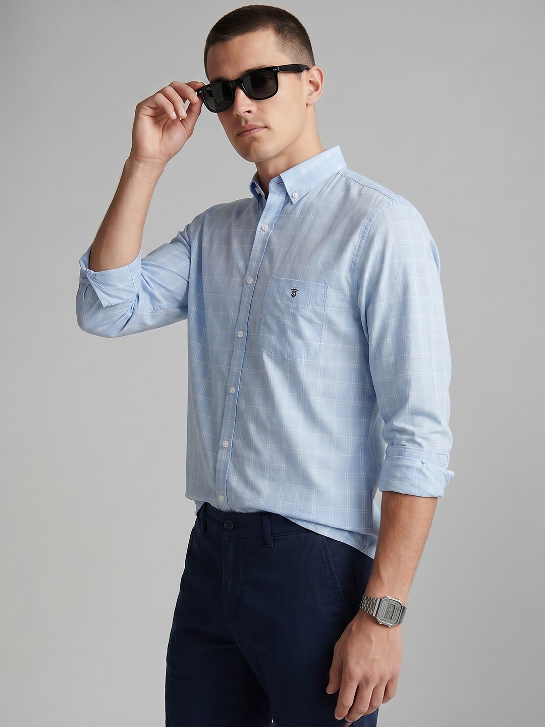 Louis Philippe Sport Louis Philippe Sport Men Slim Fit Windowpane Check Twill Shirt Button Down Collar
