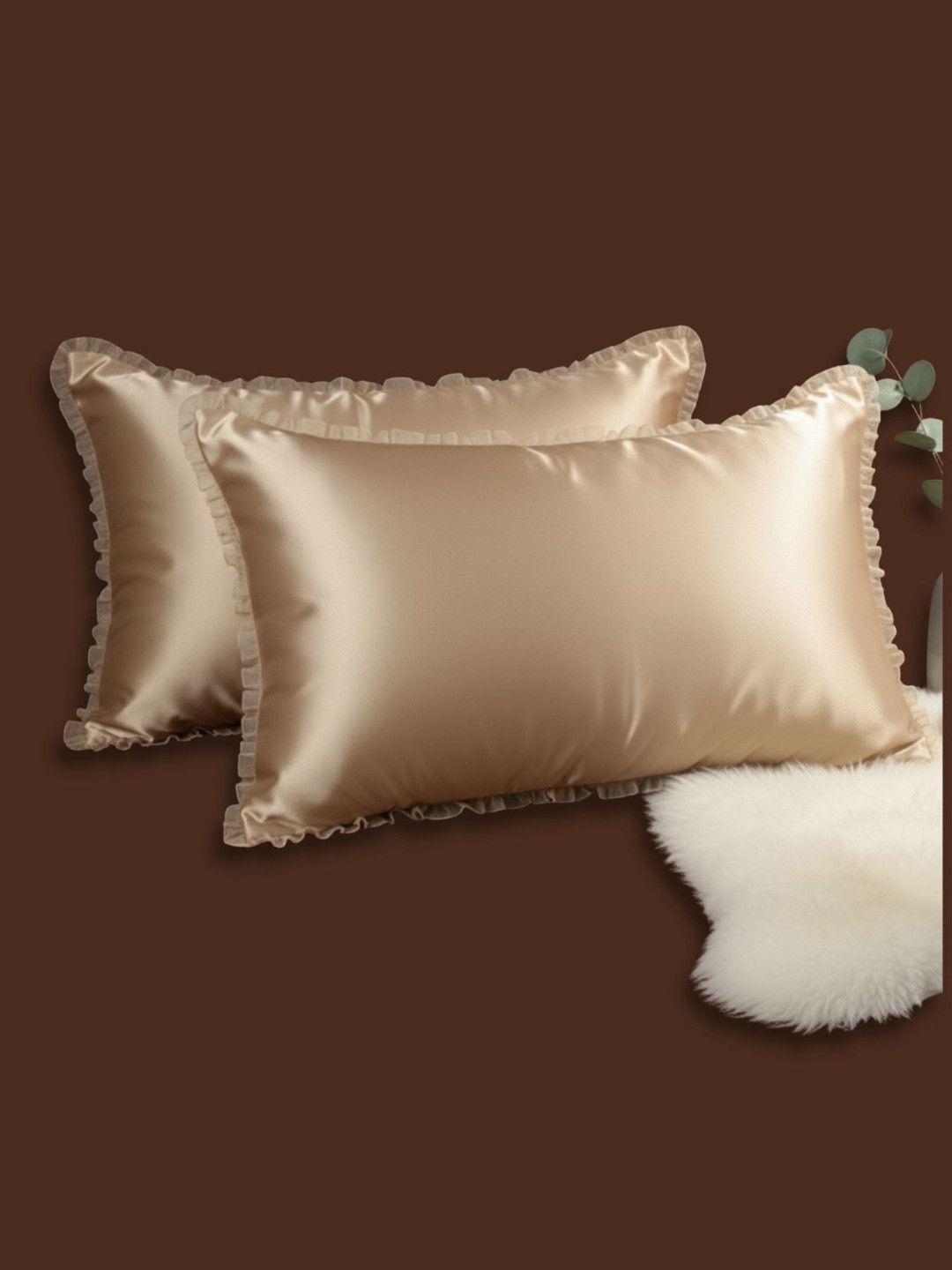 SLEEPY THREADS SLEEPY THREADS Beige Pack of 2 Ruffle Satin Pillow Covers