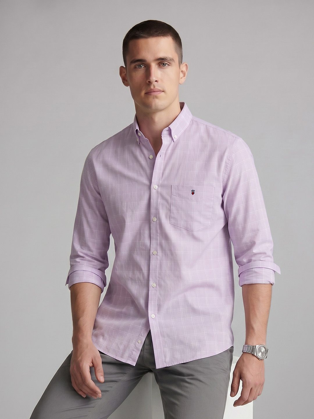 Louis Philippe Sport Louis Philippe Sport Men Slim Fit Windowpane Check Twill Shirt Button Down Collar