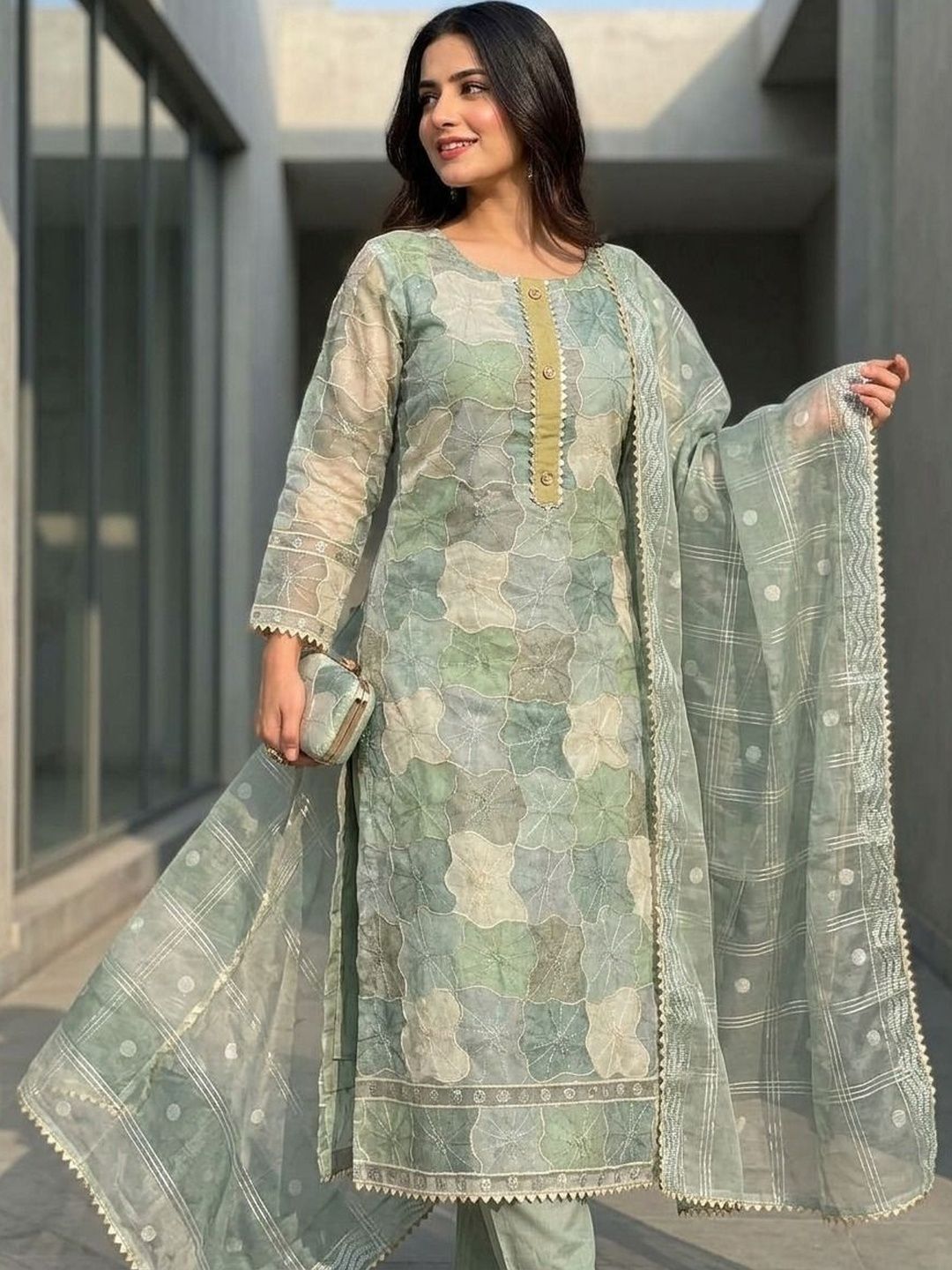 HMP Fashion Embroidered Organza Unstitched Dress Material