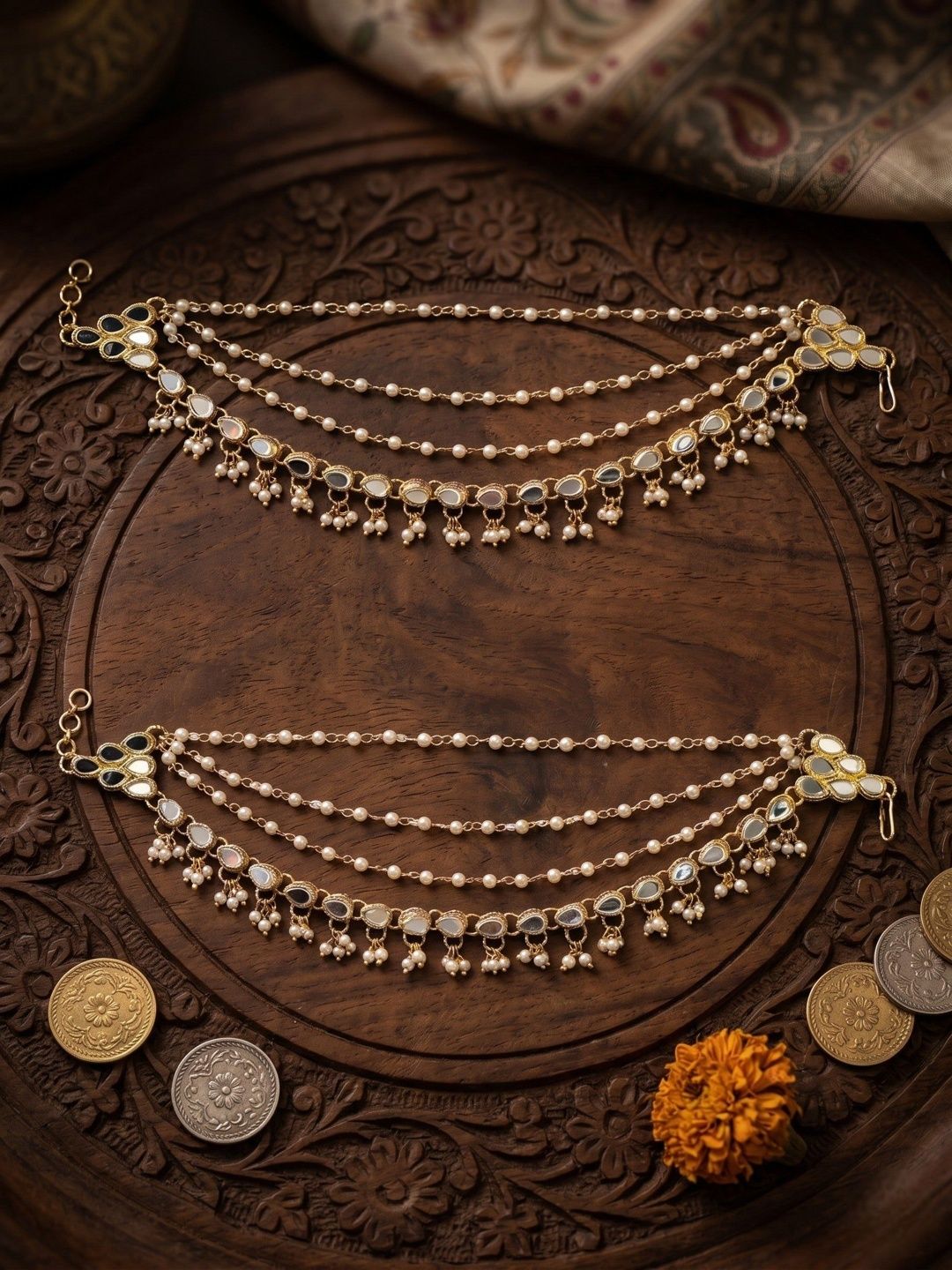 MEIRA JEWELLERY Gold-Plated Stones Studded And Pearls Beaded Teardrop Shaped Ear Chains