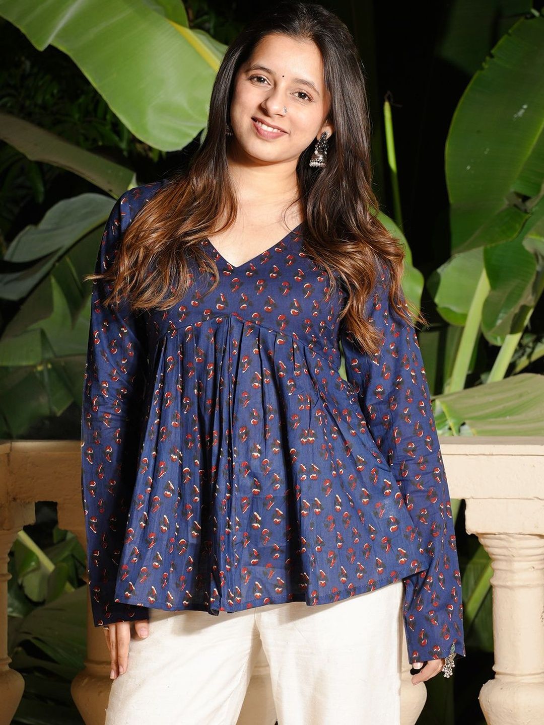 NISHORAMA Ethnic Motifs Printed V-Neck Pure Cotton Blend Pleated Kurti deal from myntra
