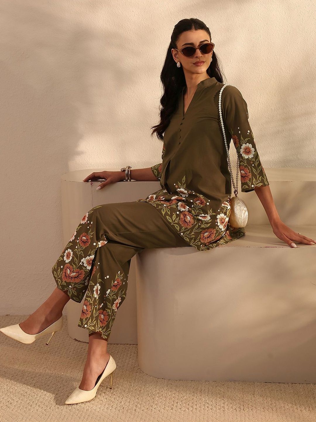 Romantic Florals Embroidered Co-Ords Libas Brown Floral Printed Front Slit Cotton Co-Ord Set