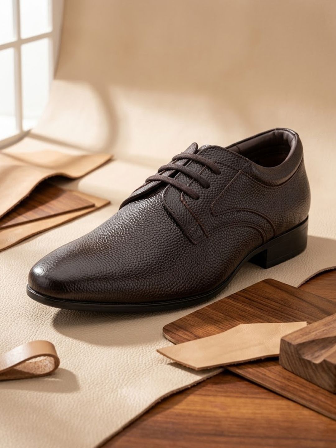 House of Pataudi Men Textured Leather Round Toe Lace-Ups Oxfords Formal Shoes