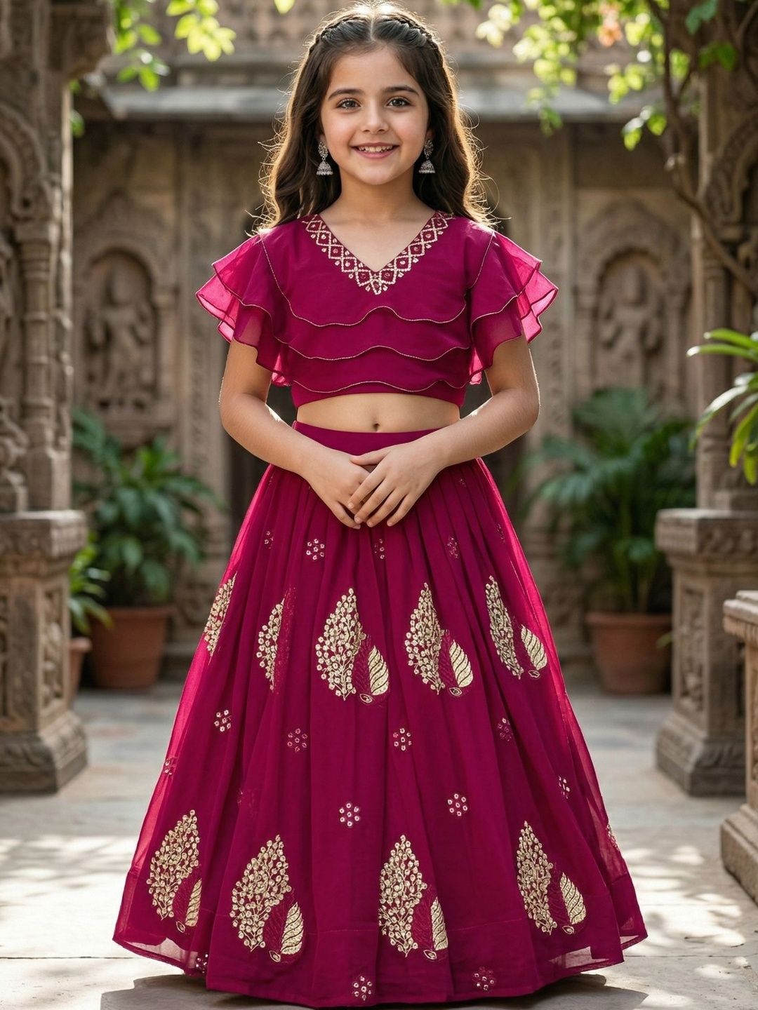 KALINI Girls Embroidered Ready to Wear Poly Georgette Lehenga & Choli