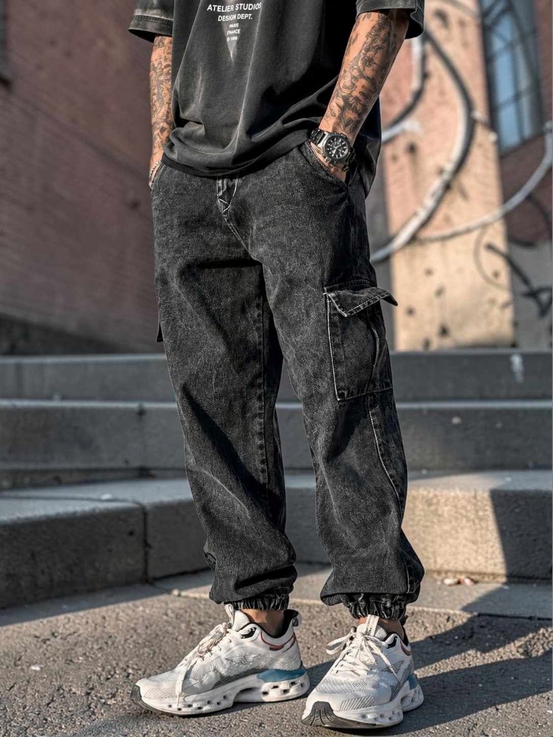 styzon Men Loose Jogger Mid-Rise Heavy Fade Jeans