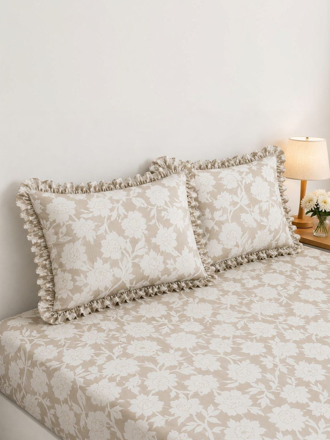 Aura Beige Floral 300 Tc Frilled Fitted Queen Bedsheet With 2 Pillow Covers