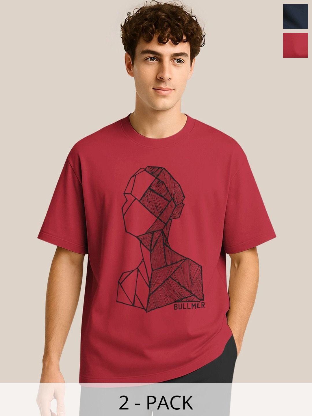 BULLMER Pack Of 2 Graphic Printed Crew Neck Drop Shoulder Oversized T-shirts