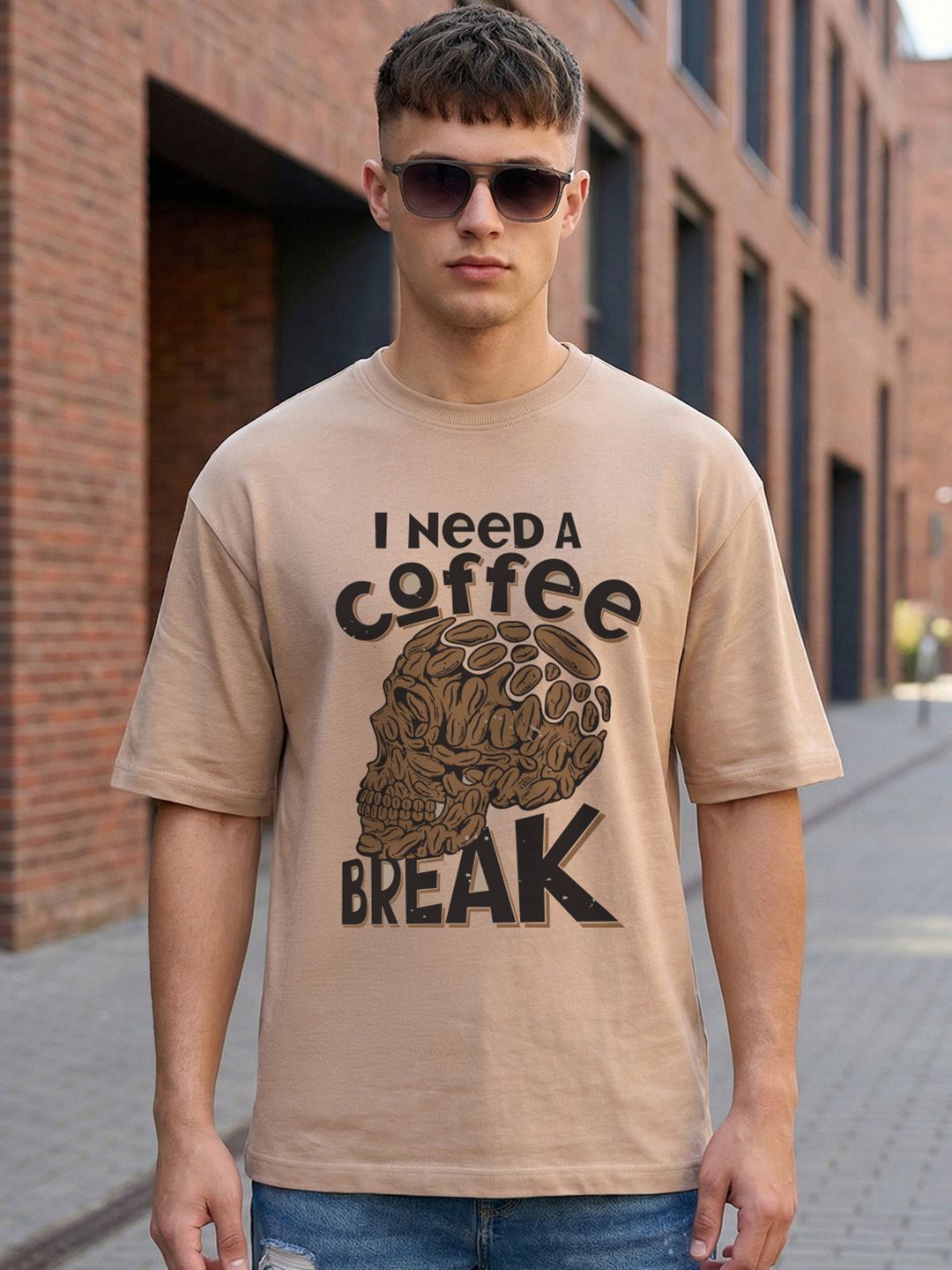 Bewakoof Men Warm Taupe Brown Coffee Break Graphic Printed Oversized T-shirt