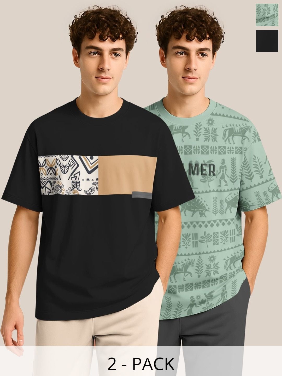 BULLMER Pack Of 2 Graphic Printed Crew Neck Drop Shoulder Oversized T-shirts