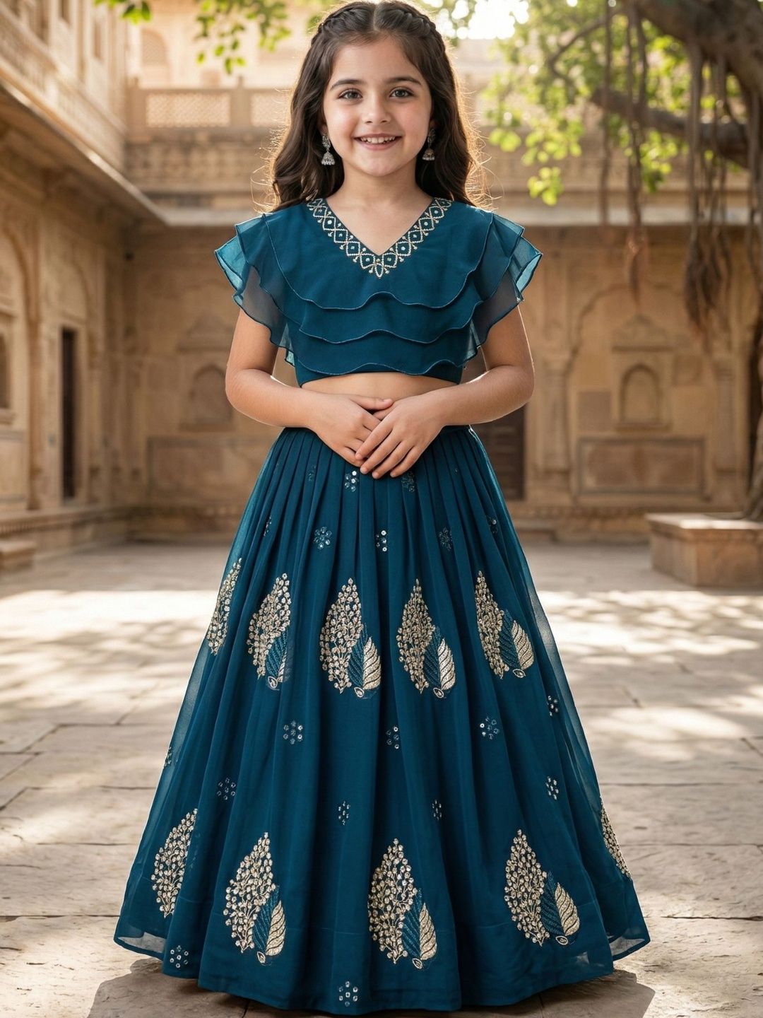 KALINI Girls Embroidered Thread Work Ready to Wear Lehenga &