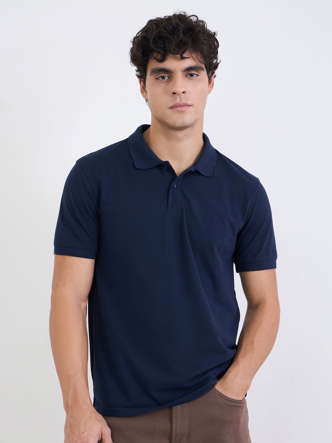 Styli Men Navy Blue Solid Regular Fit Polo Collar Half Sleeve Cotton T-Shirt