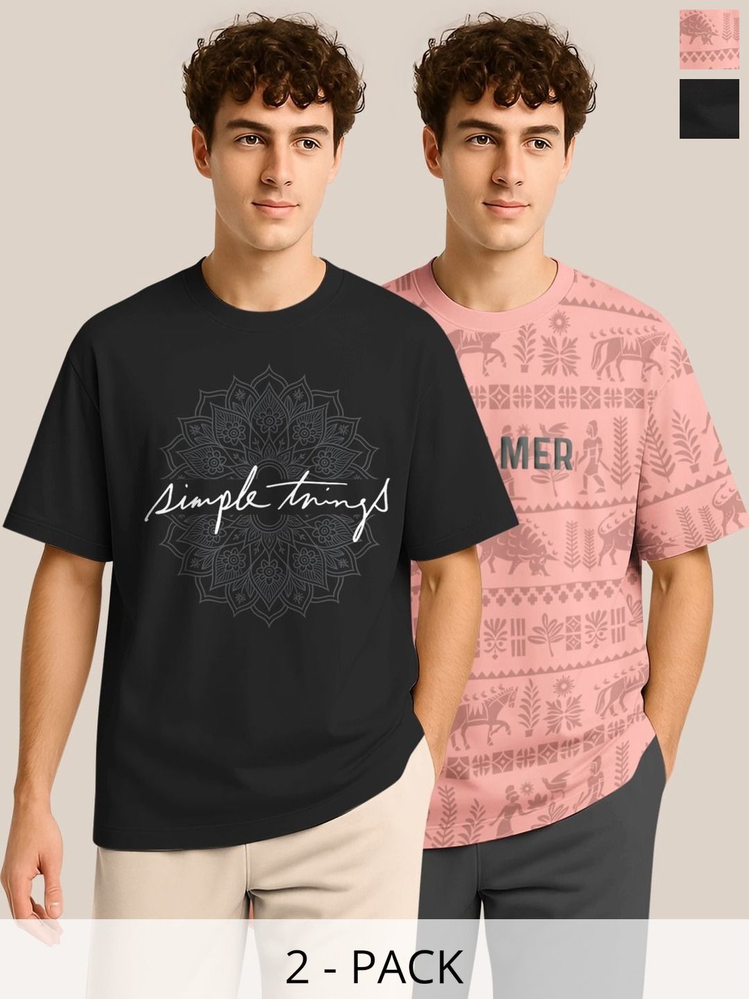BULLMER Pack Of 2 Typography Printed Crew Neck Drop Shoulder Oversized T-shirts