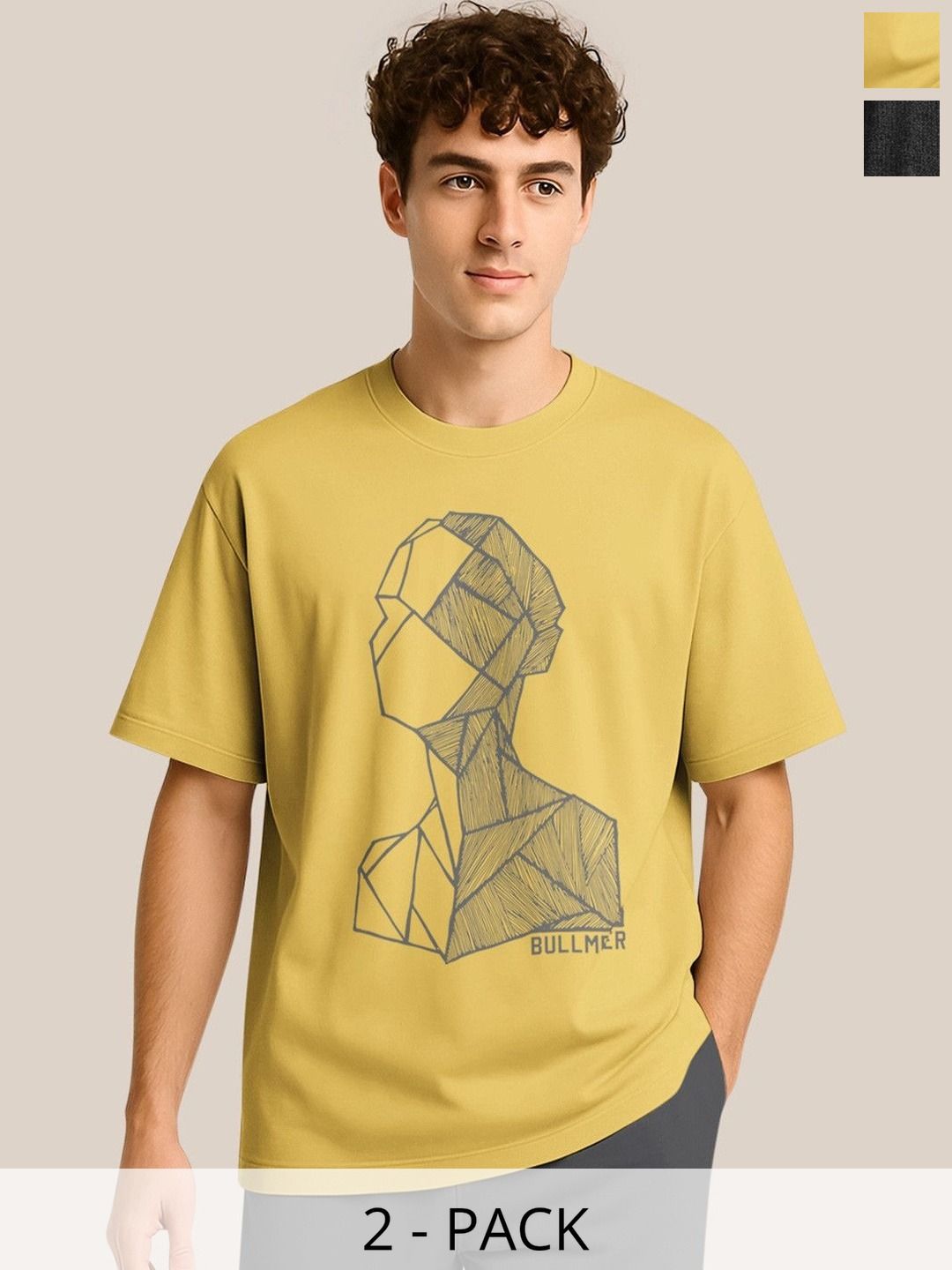 BULLMER Pack Of 2 Typography Printed Crew Neck Drop Shoulder Oversized T-shirts