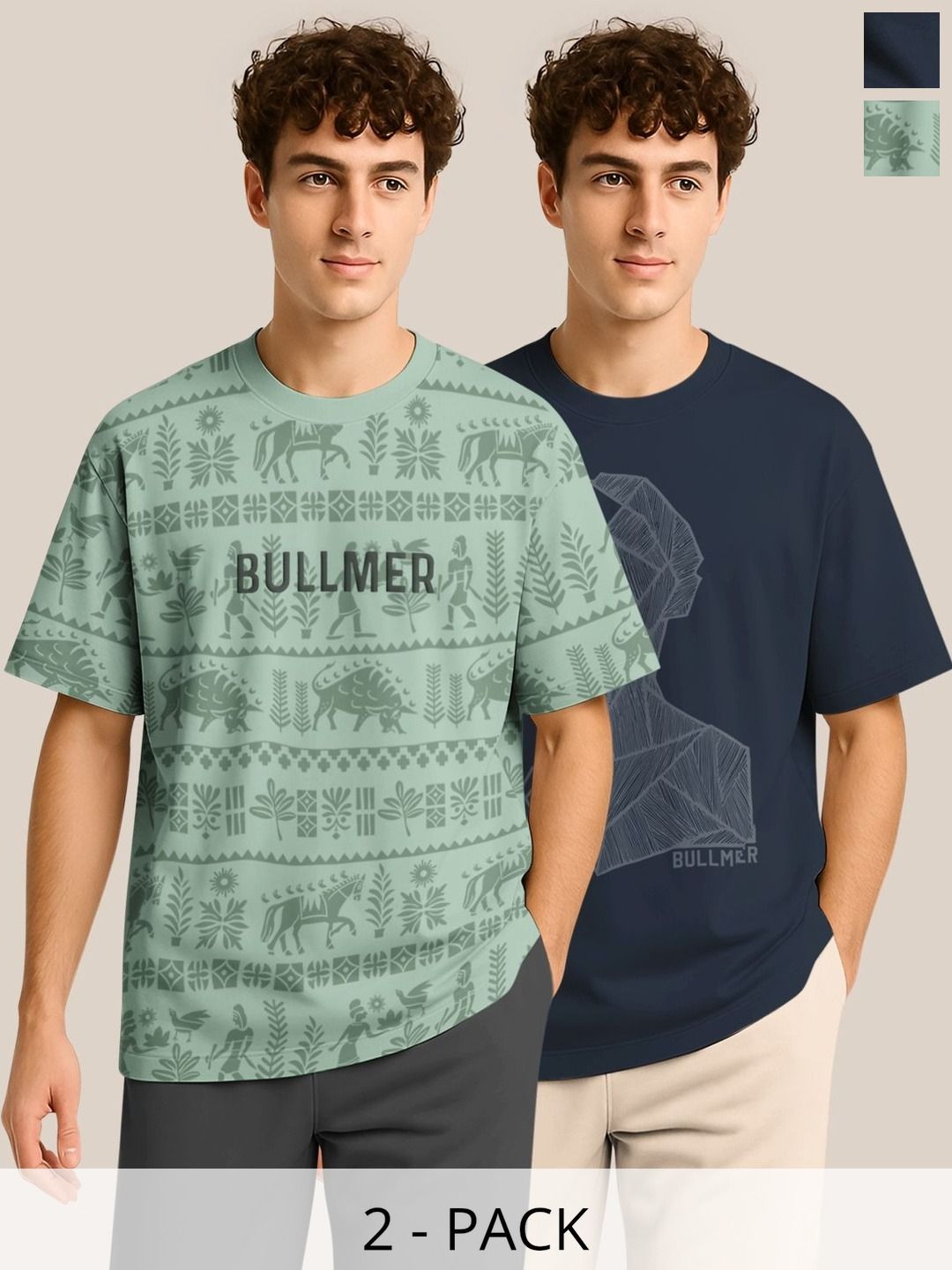 BULLMER Pack Of 2 Graphic Printed Crew Neck Drop Shoulder Oversized T-shirts