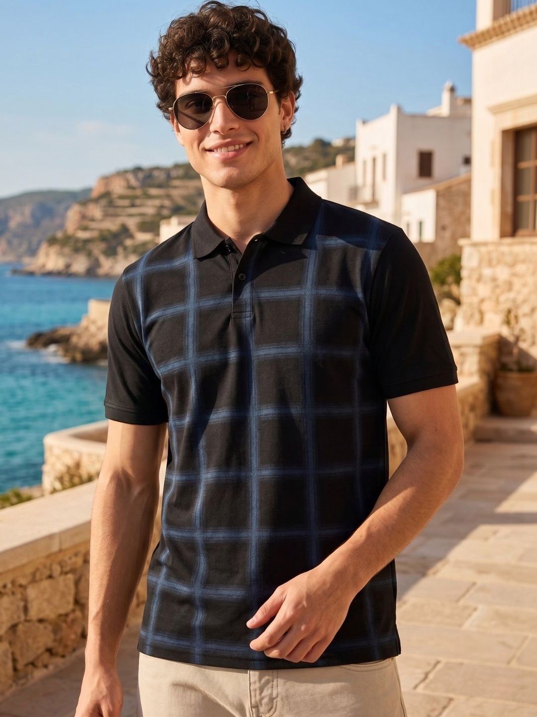 HERE&NOW Men Checked Polo Collar Antimicrobial T-shirt