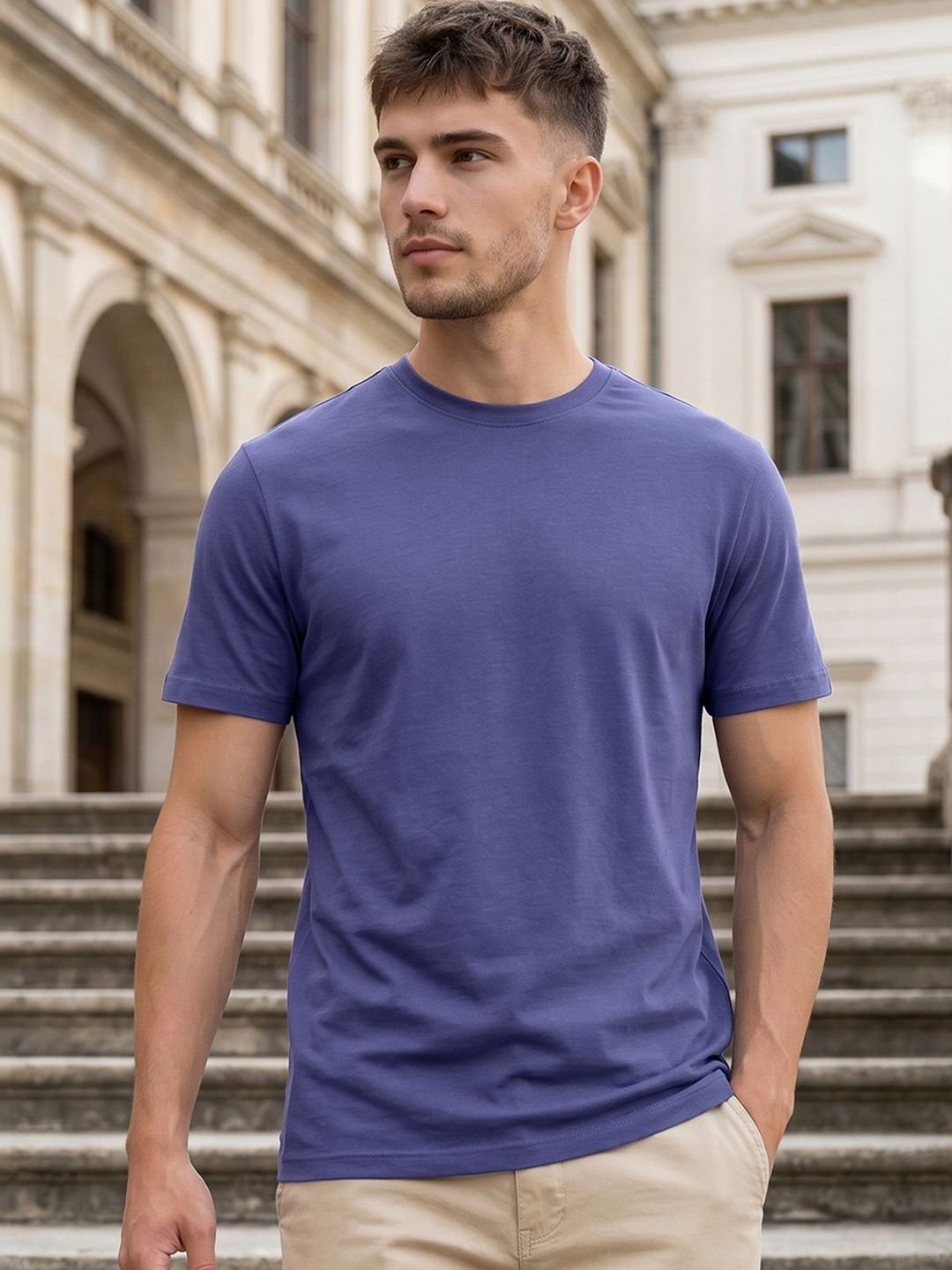 Bewakoof Men Solid Round Neck Cotton T-shirt