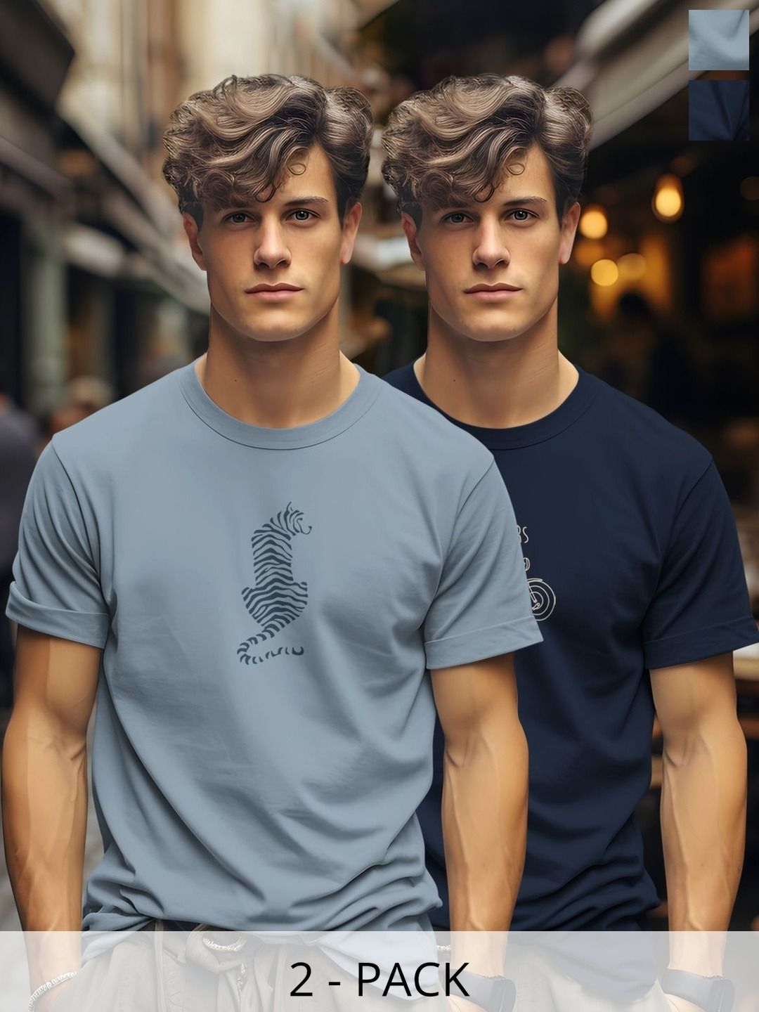 BULLMER Men Pack Of 2 Graphic Printed Round Neck Cotton T-shirts