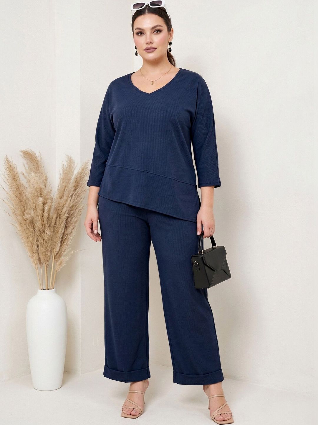 Selvia Plus Size Solid Top with Trousers Co ord Set