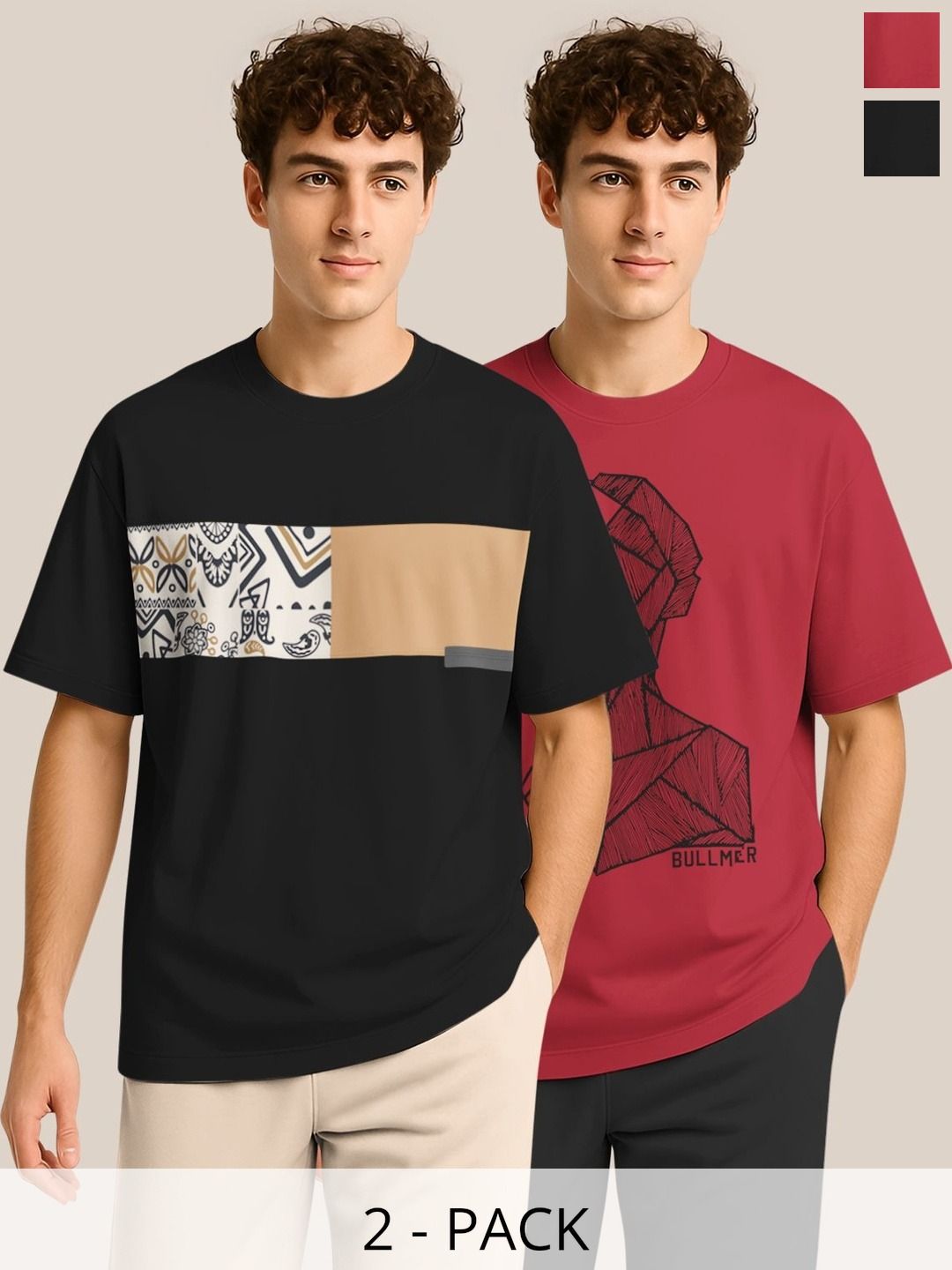 BULLMER Pack Of 2 Graphic Printed Crew Neck Drop Shoulder Oversized T-shirts