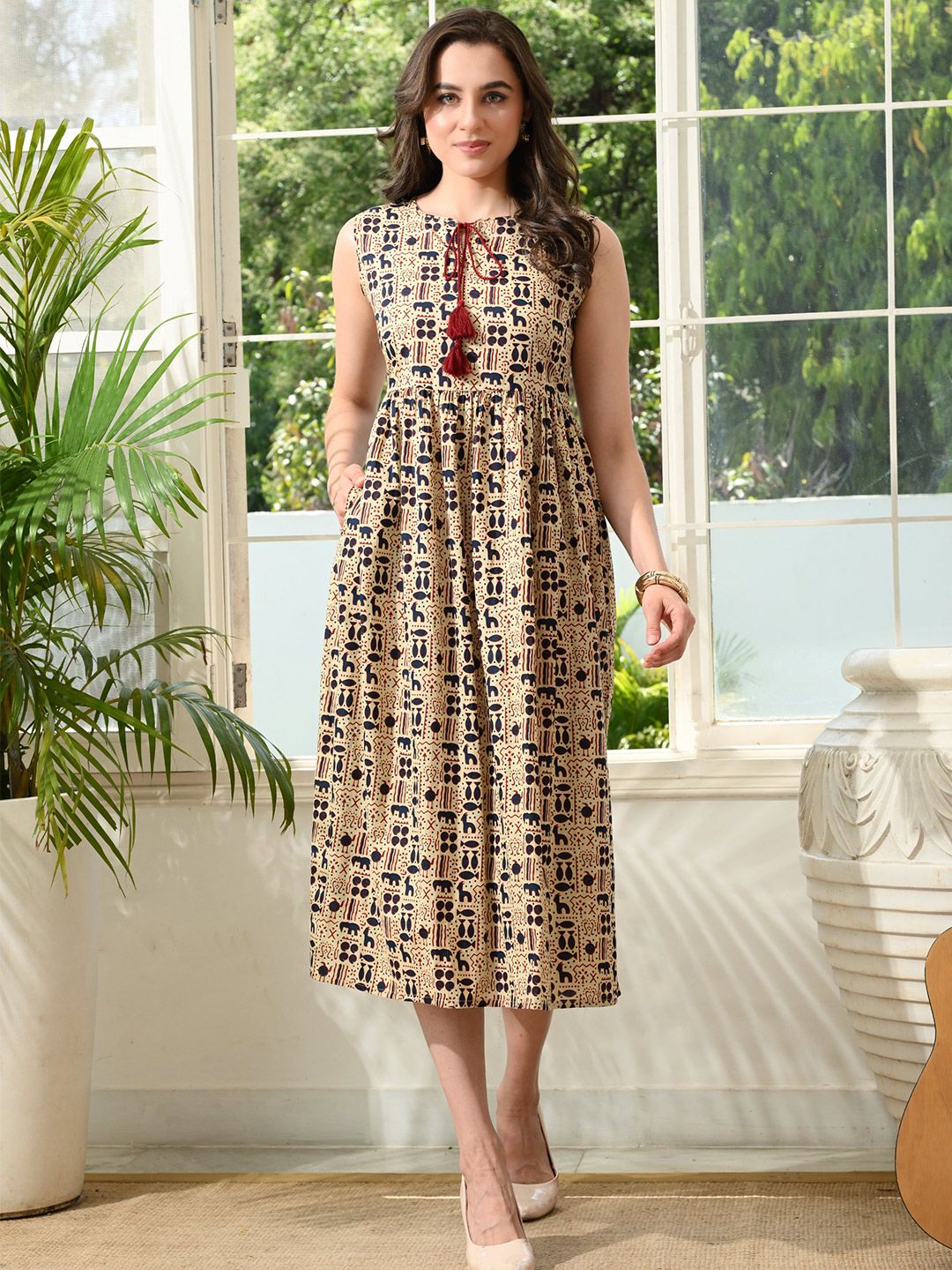 DECKEDUP Ethnic Motifs Print Empire Midi Dress