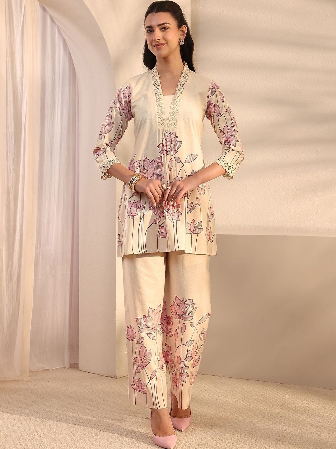Floral Printed Co-Ords Libas Off White Floral Printed Cotton Co-Ord Set