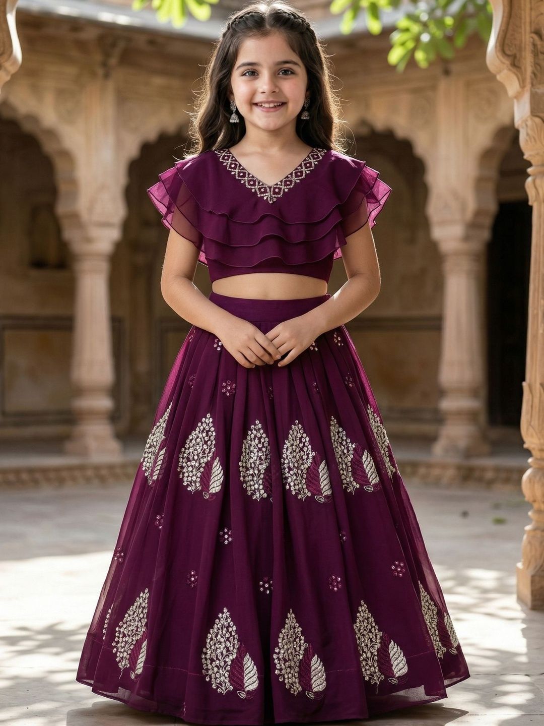 KALINI Girls Embroidered Thread Work Semi-Stitched Lehenga &