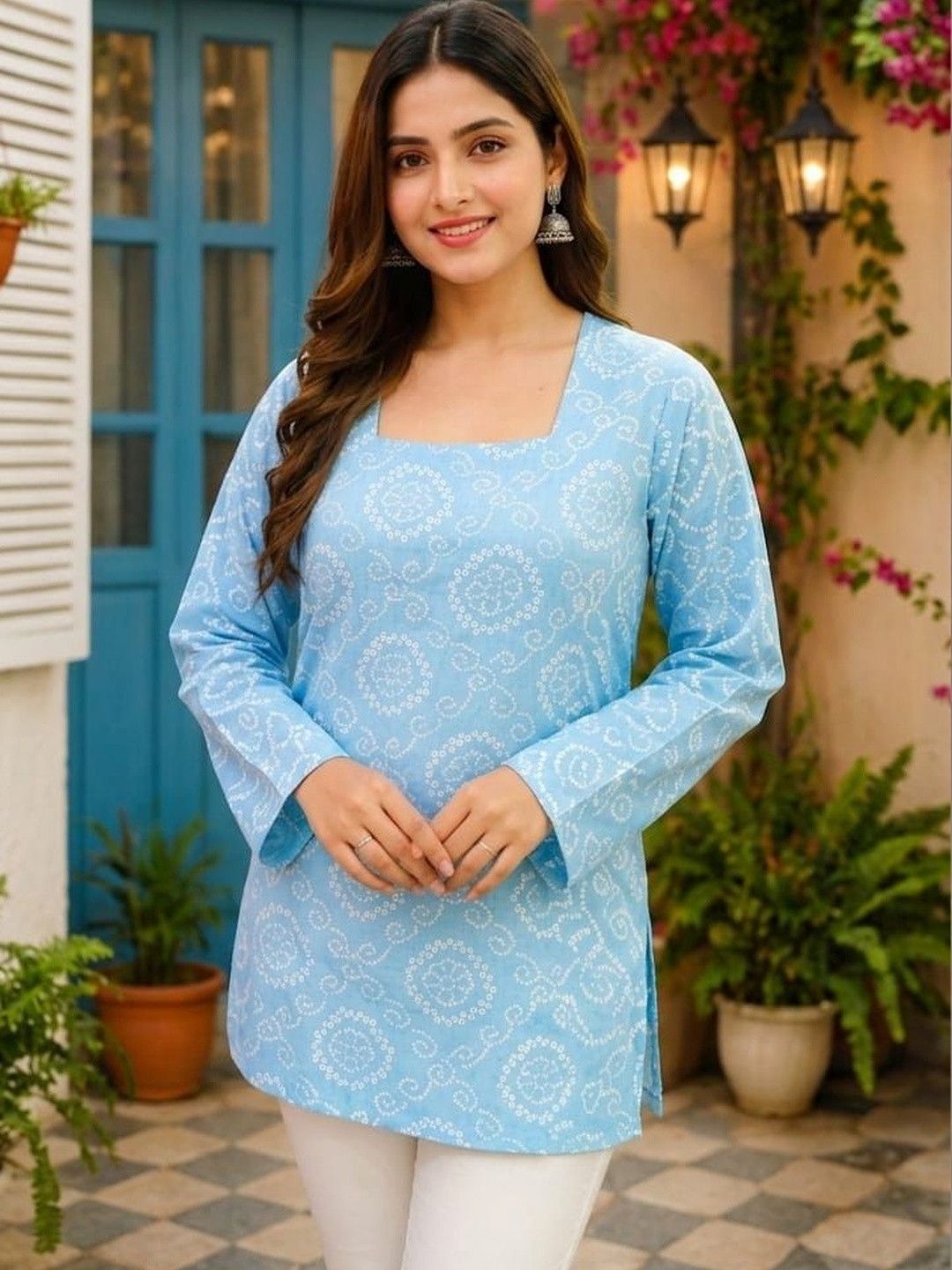 HERE&NOW Bandhani Printed Square Neck Kurti