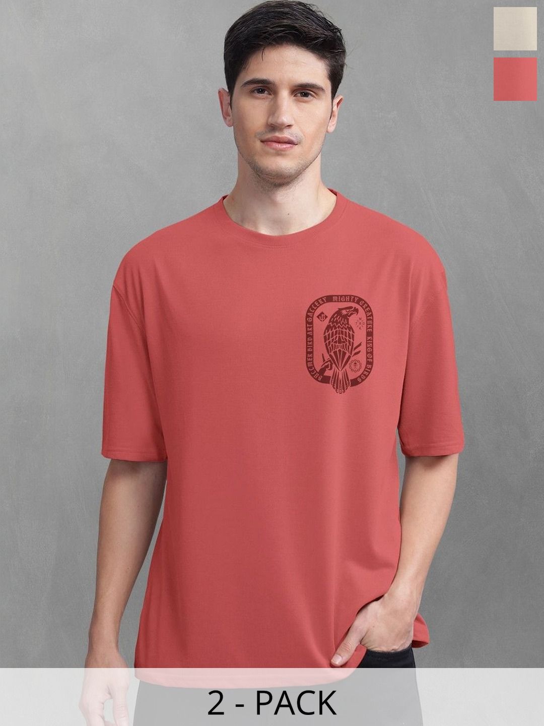BULLMER Men Pack Of 2 Round Neck Printed Oversized T-shirts