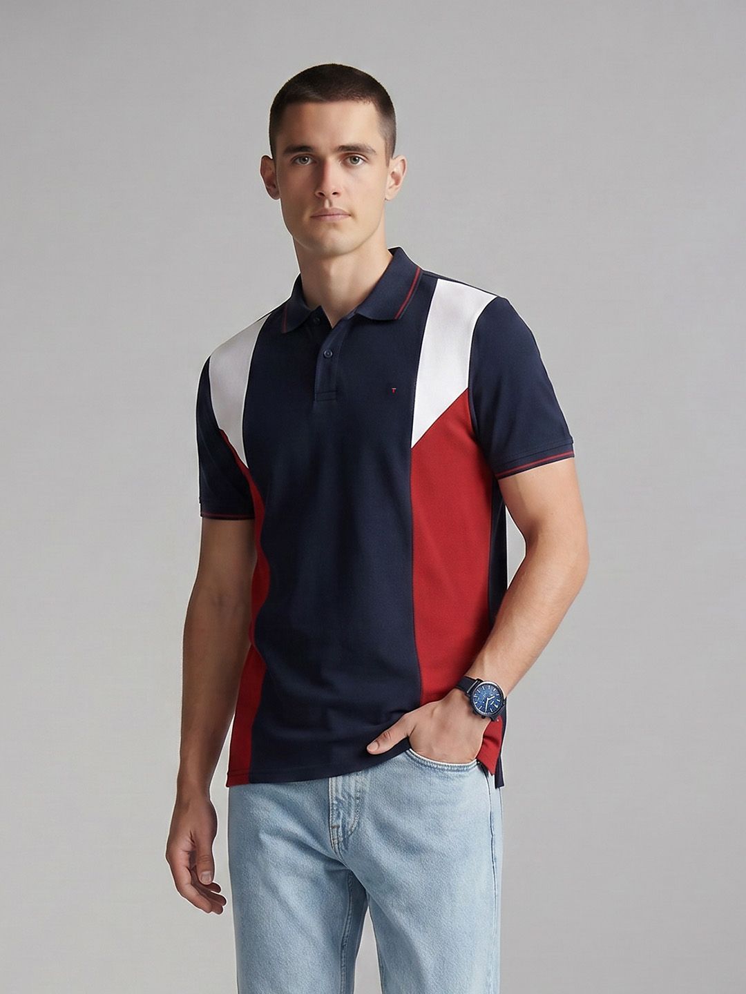 Slim Polo Pure Cotton T-shirt Louis Philippe Sport Slim Fit Polo Collar Colourblocked Pure Cotton T-shirt