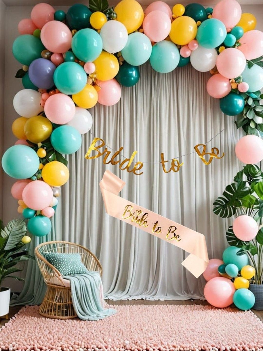 SKYWINS Pastel Multicolour 55 Pieces Bride To Be Decoration Kit with Ring Foil & Sash