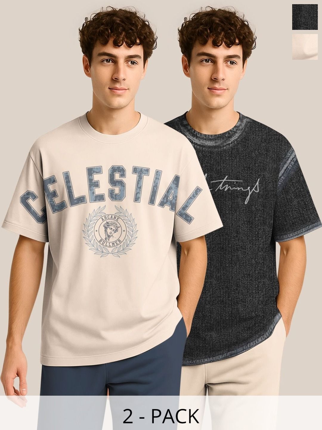 BULLMER BULLMER Pack Of 2 Typography Printed Crew Neck Drop Shoulder Oversized T-shirts