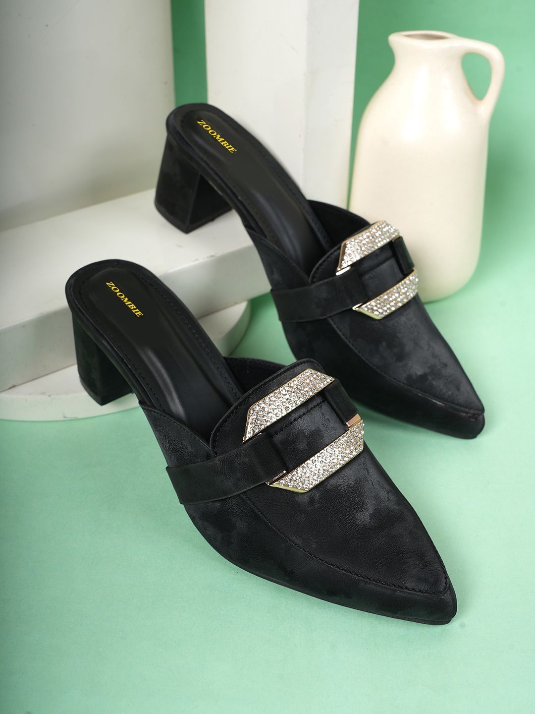 ZOOMBIE Textured Velvet Party Block Mules