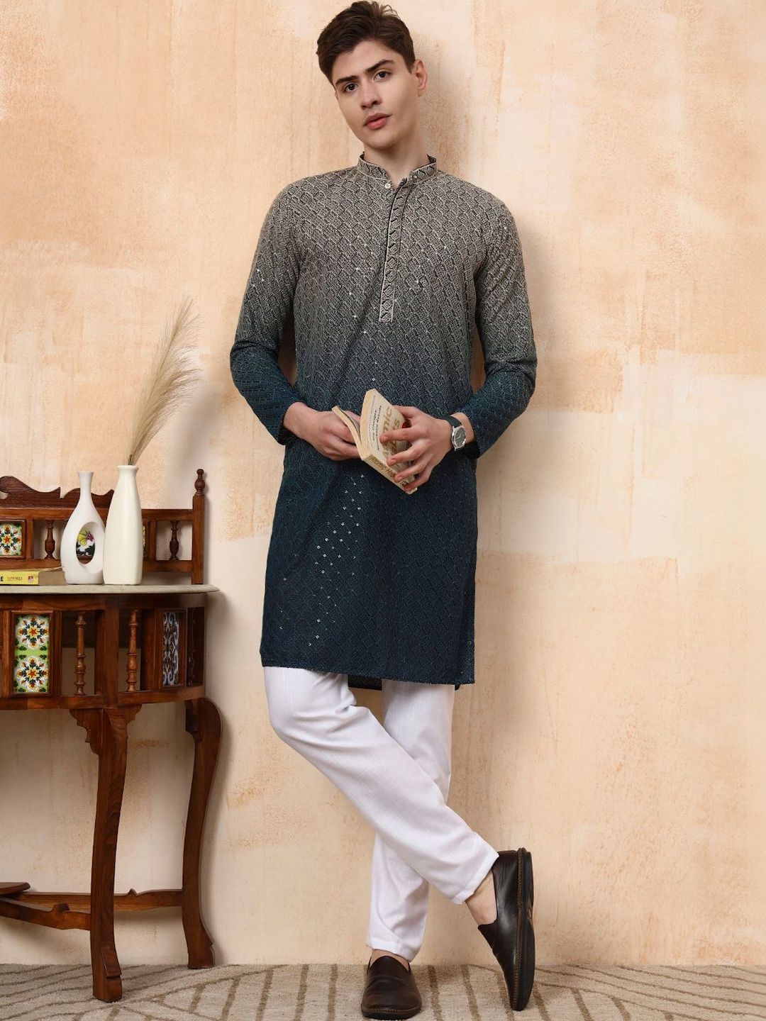Dincharya Men Ethnic Motifs Embellished Sequinned Kurta