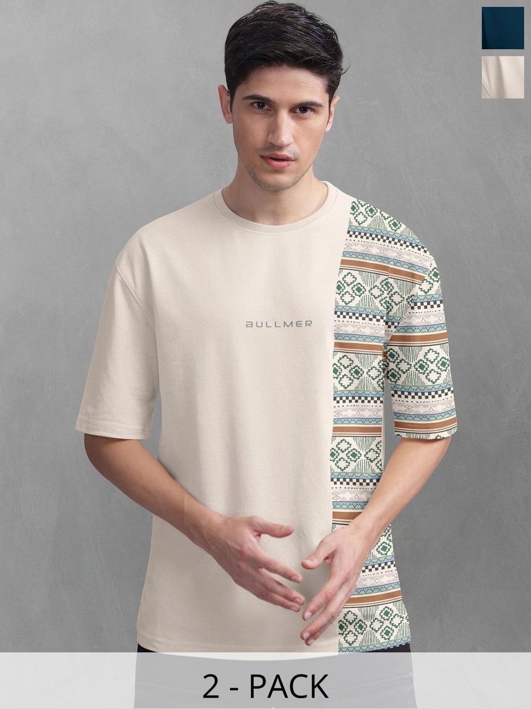 BULLMER Men Pack Of 2 Round Neck Printed Oversized T-shirts