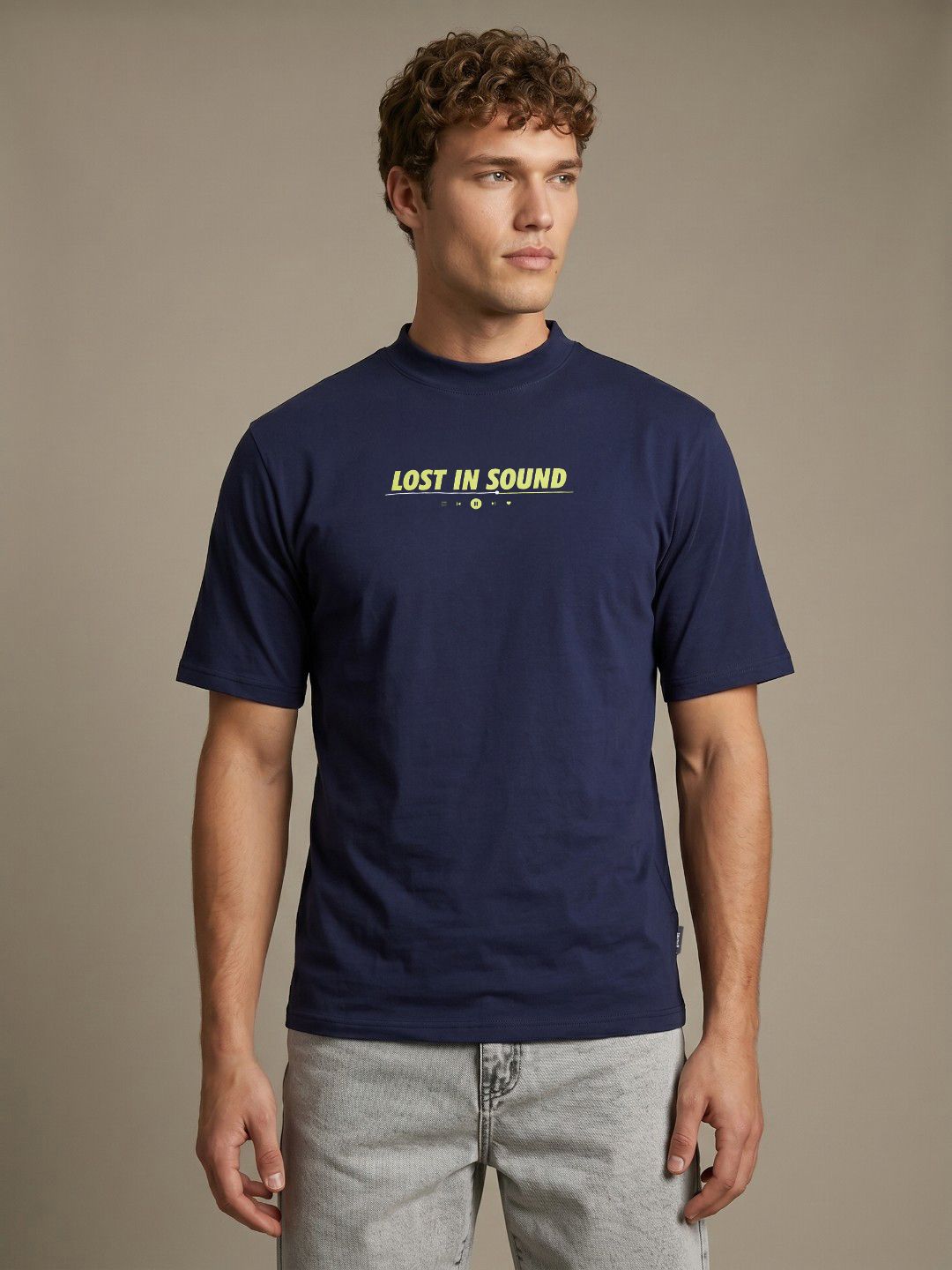 glitchez Navy Blue Relaxed Fit Typography T-shirt