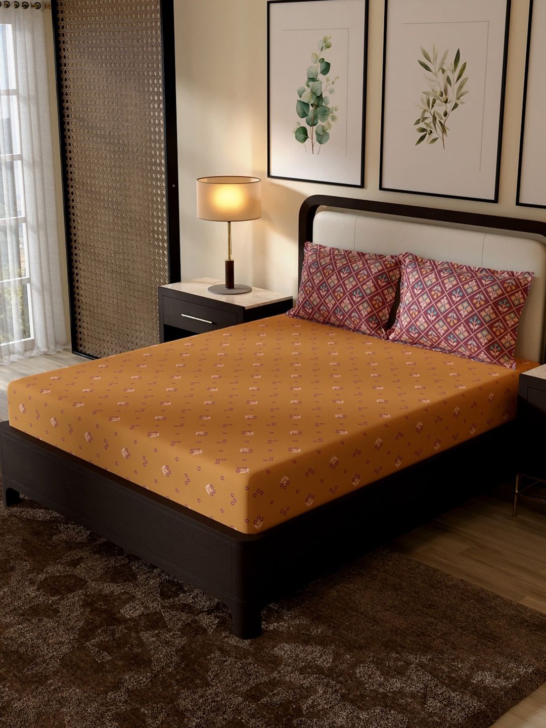 Portico New York Signature Portico New York Signature Brown Floral 144 TC Bedsheet with 2 Pillow Covers