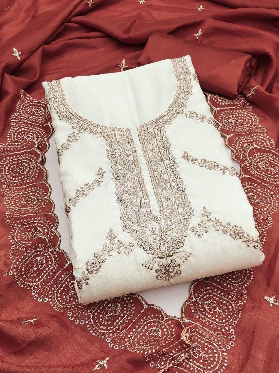 Rangtulika Ethnics Embroidered Art Silk Unstitched Dress Material