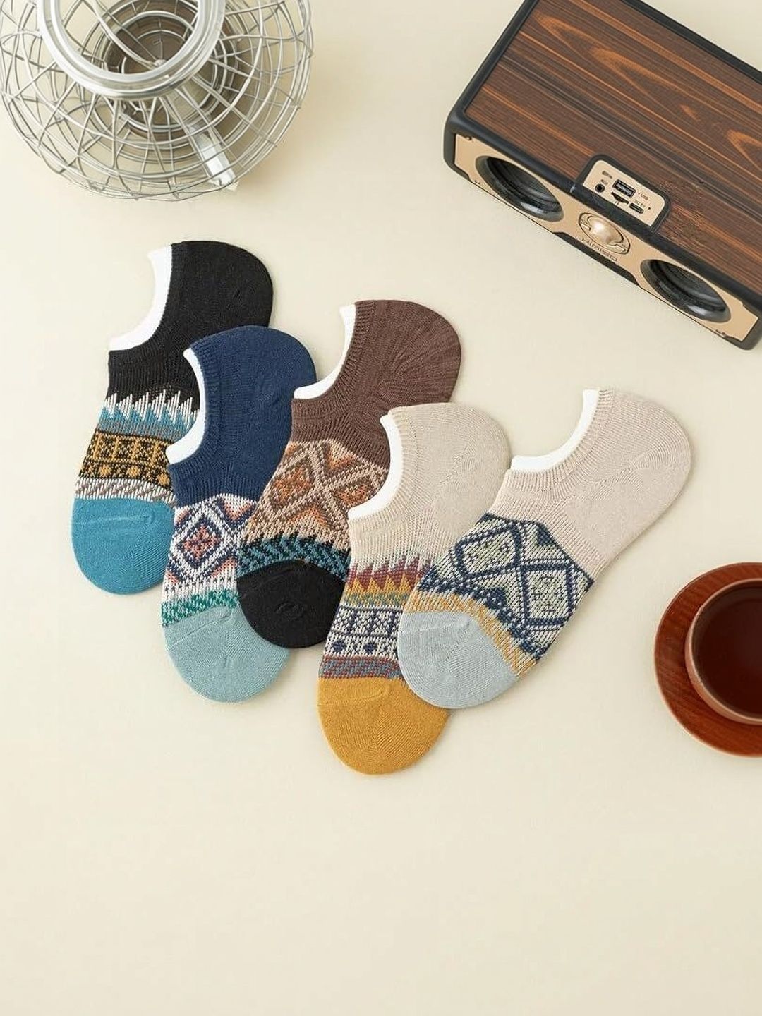 MERCEHIVE Men Pack of 5 Cotton Patterned Shoe Liners Socks