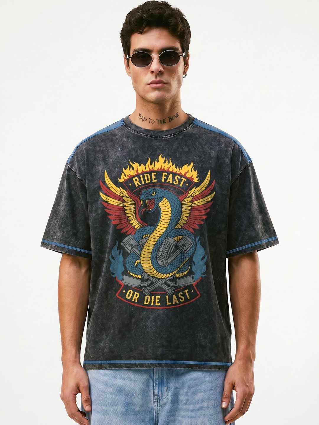 Crazymonk Men Dyed Extended Sleeves Raw Edge T-shirt