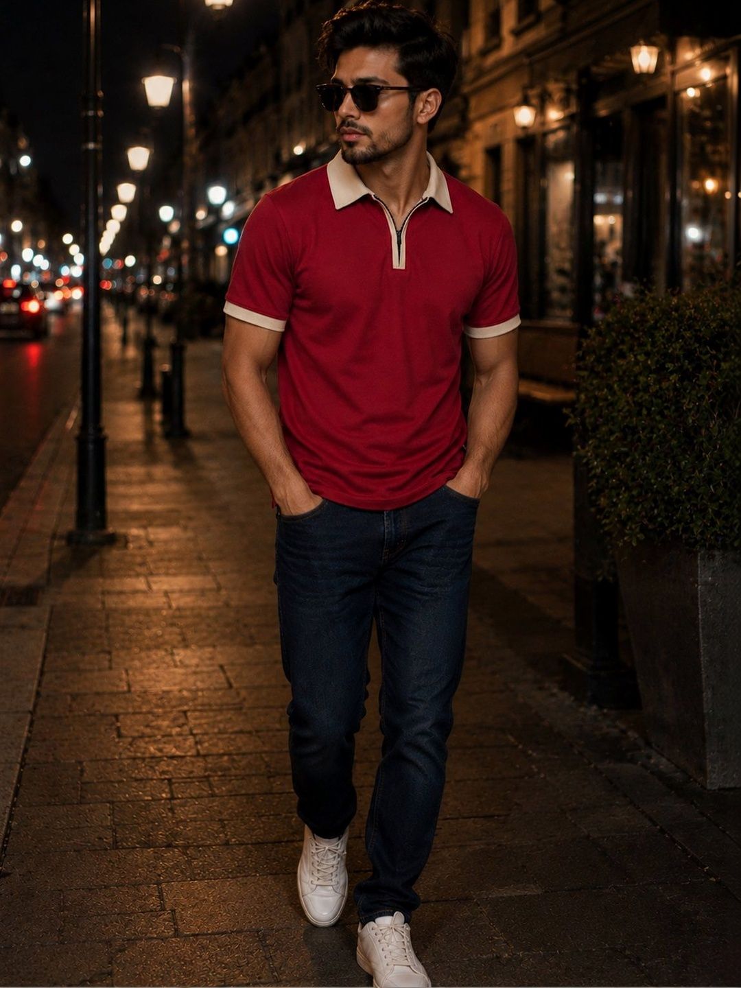 XENOR Maroon and White Polo Collar Slim Fit T-shirt