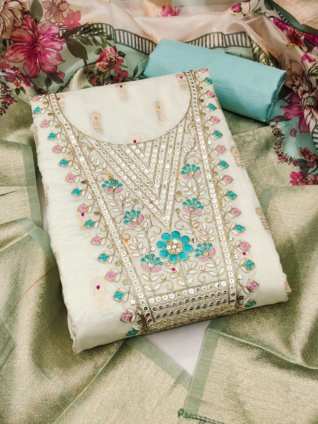 Rangtulika Ethnics Embroidered Pure Cotton Unstitched Dress Material