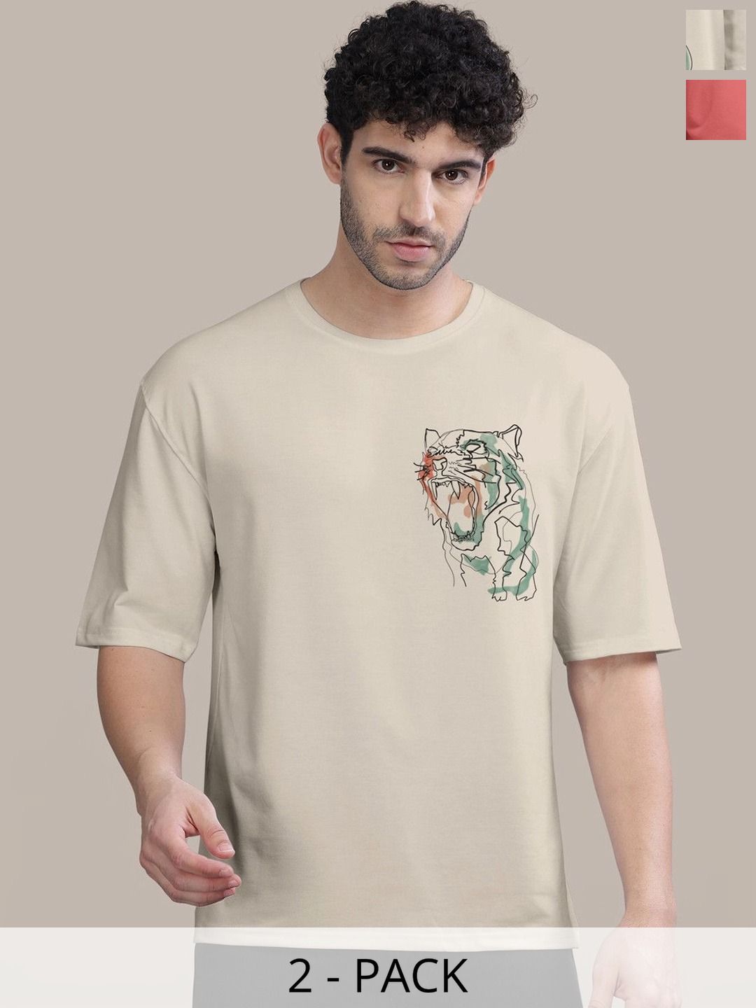 BULLMER Men Pack Of 2 Round Neck Printed Oversized T-shirts