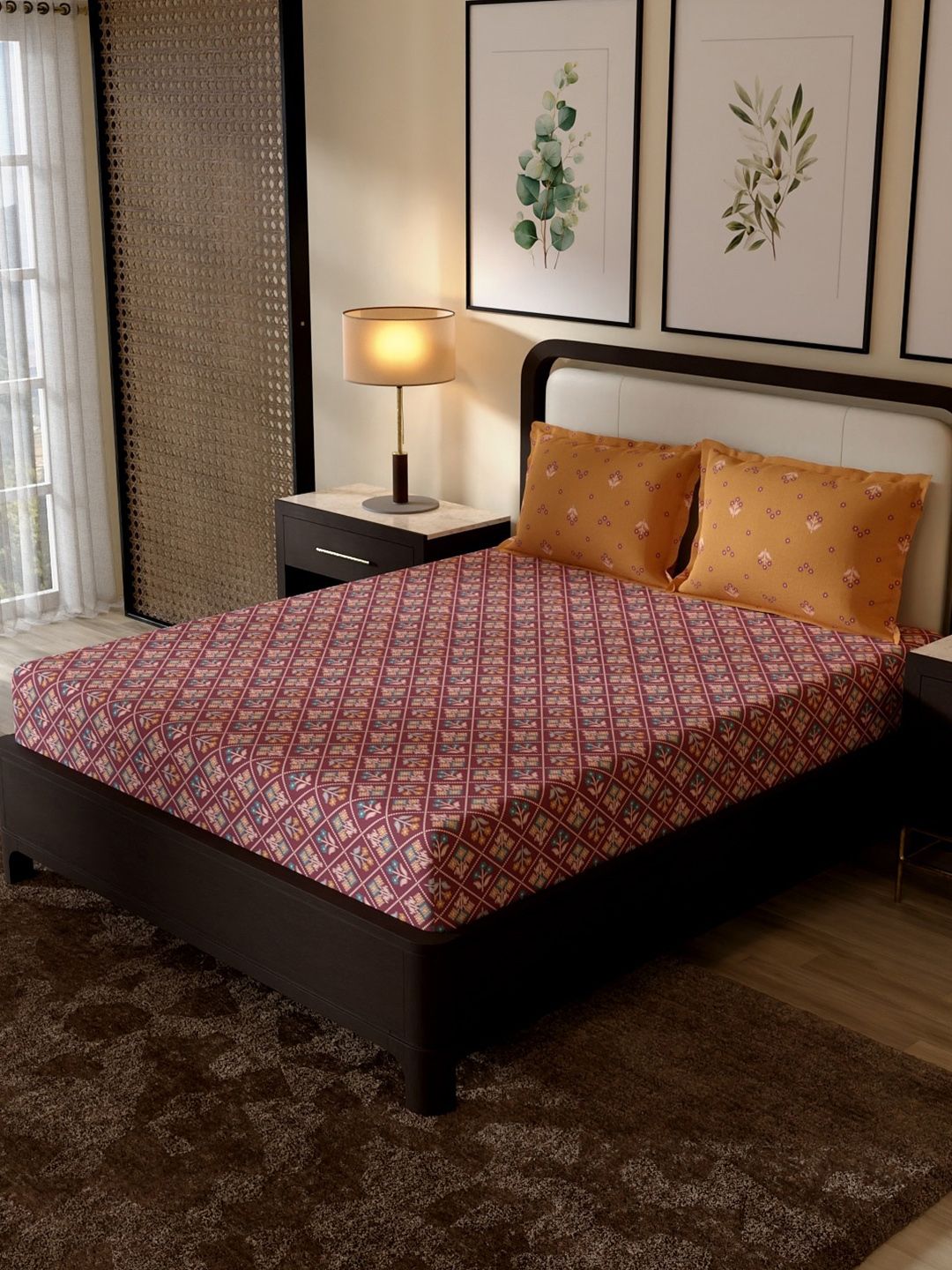 Portico New York Signature Portico New York Signature Maroon Ethnic Motifs 144 TC King Bedsheet with 2 Pillow Covers