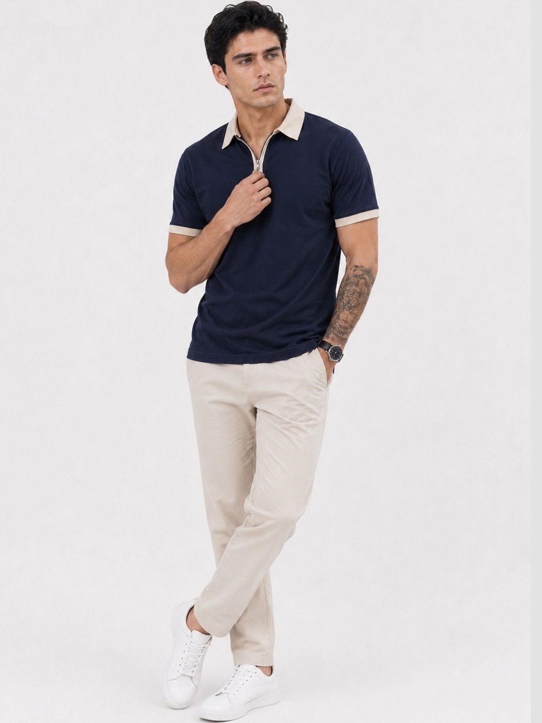 XENOR Men Colourblocked Polo Collar Slim Fit T-shirt