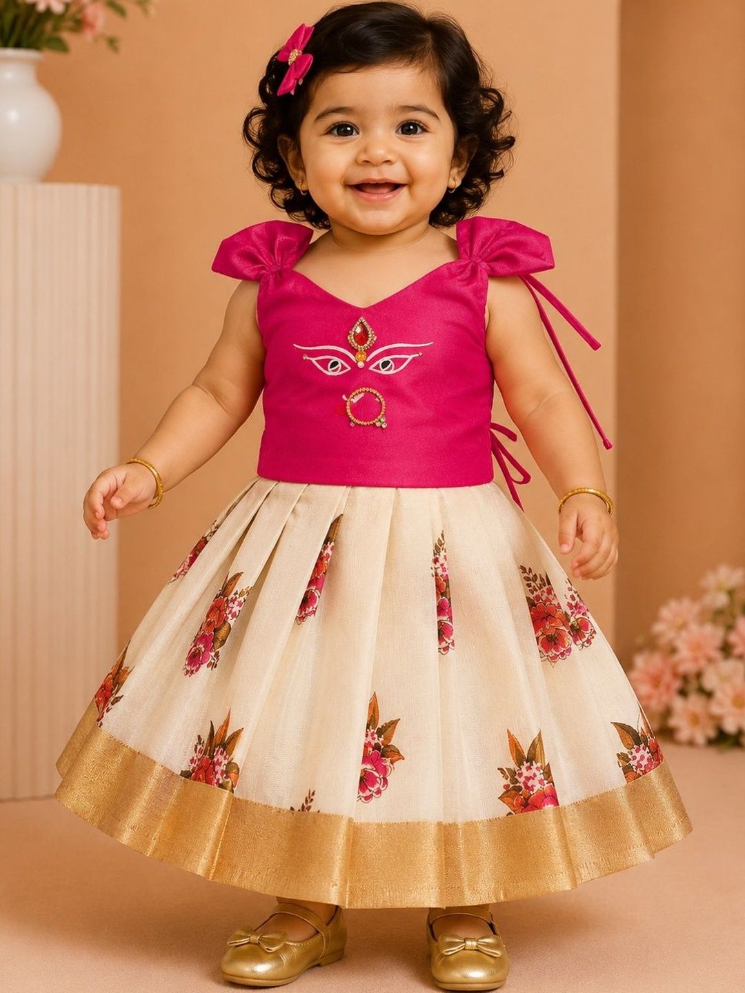 Babypattu Infant Girls Embellished Beads and Stones Silk Ready to Wear Lehenga & Choli