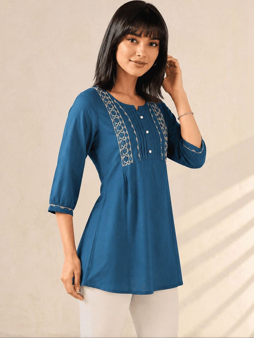 GULMEHAK Teal Embellished Embroidered Cotton Top