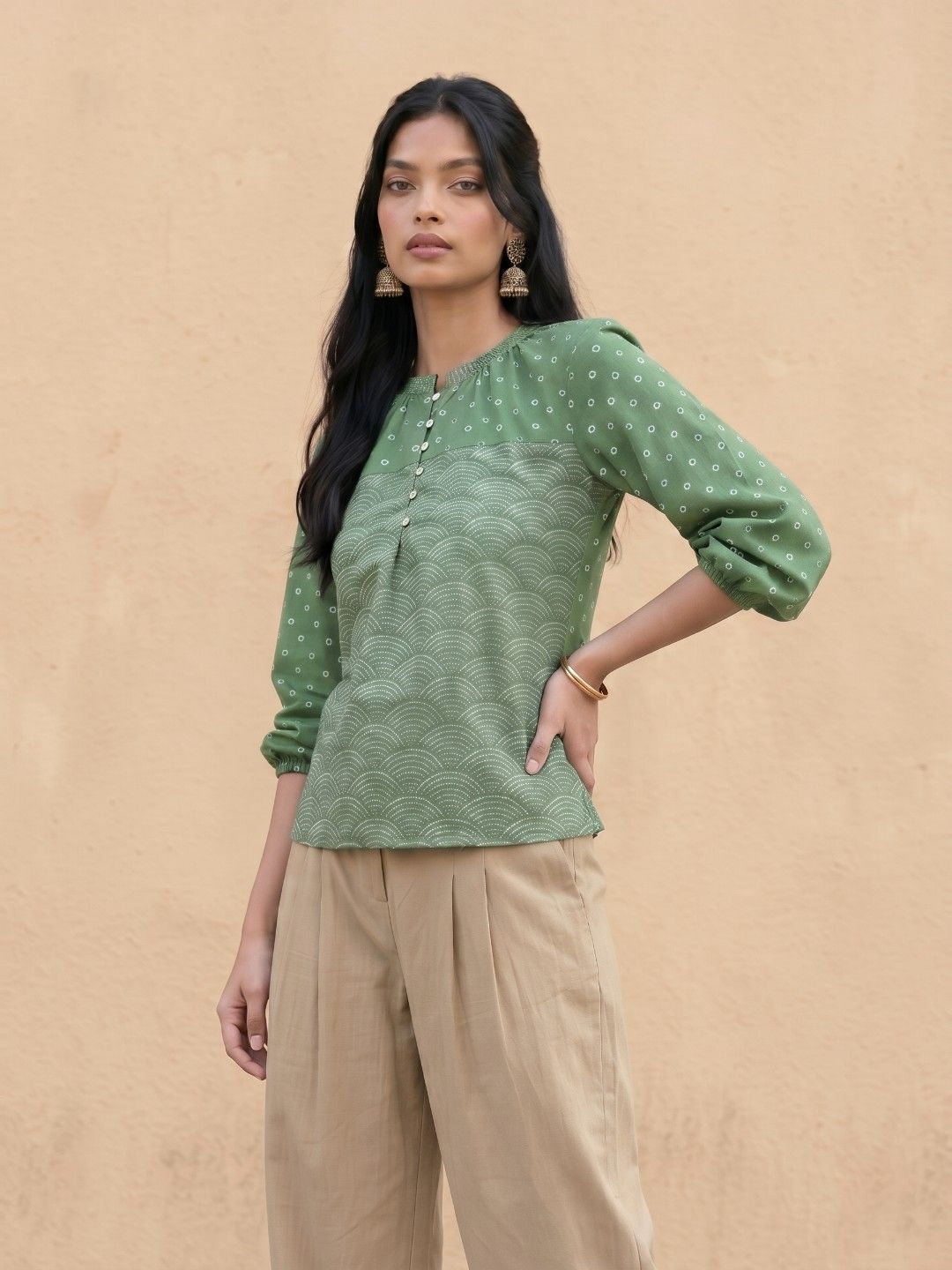 fusion by glitchez Green Ethnic Motif High Neck Puff Sleeve Top